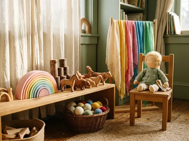 Sala com brinquedos de madeira natural, arco-íris de madeira, sedas coloridas, cesto de bolas de lã e boneca Waldorf de pano