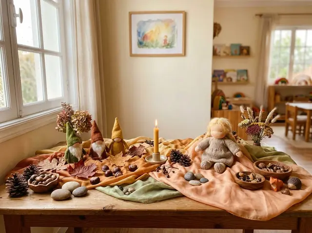 Mesa da época com sedas em tons pêssego e sálvia, pinhas, folhas de outono, pedras, vela de cera e gnomos de feltro
